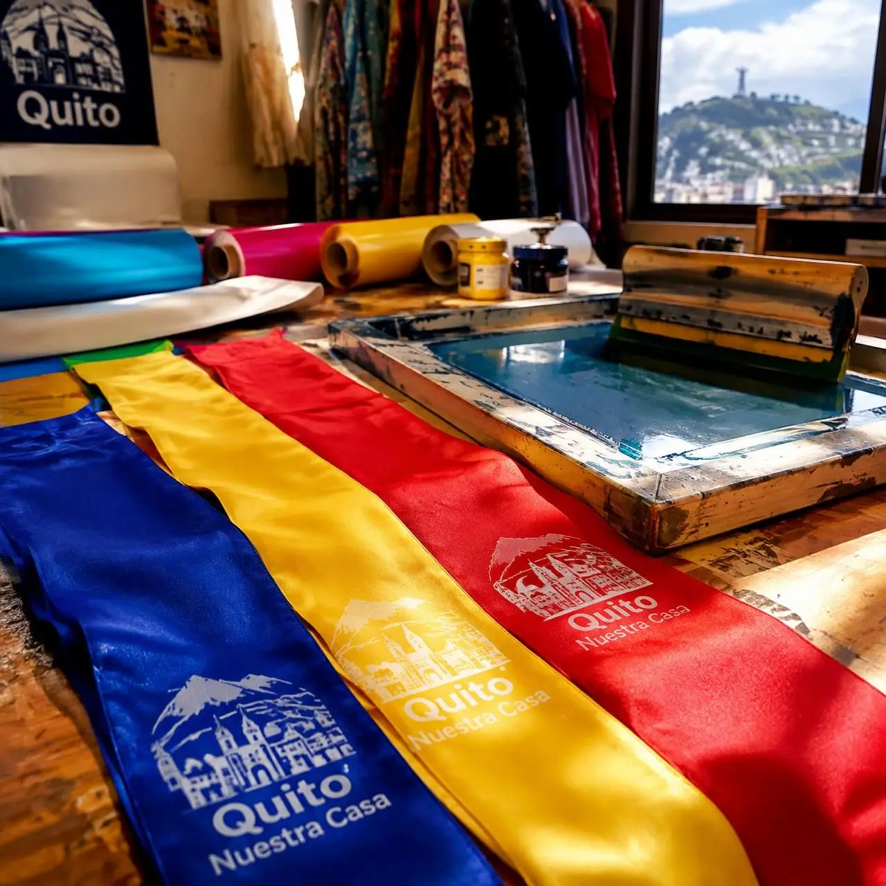 Bandas institucionales azul, amarilla y roja estampadas junto a un marco de serigrafía