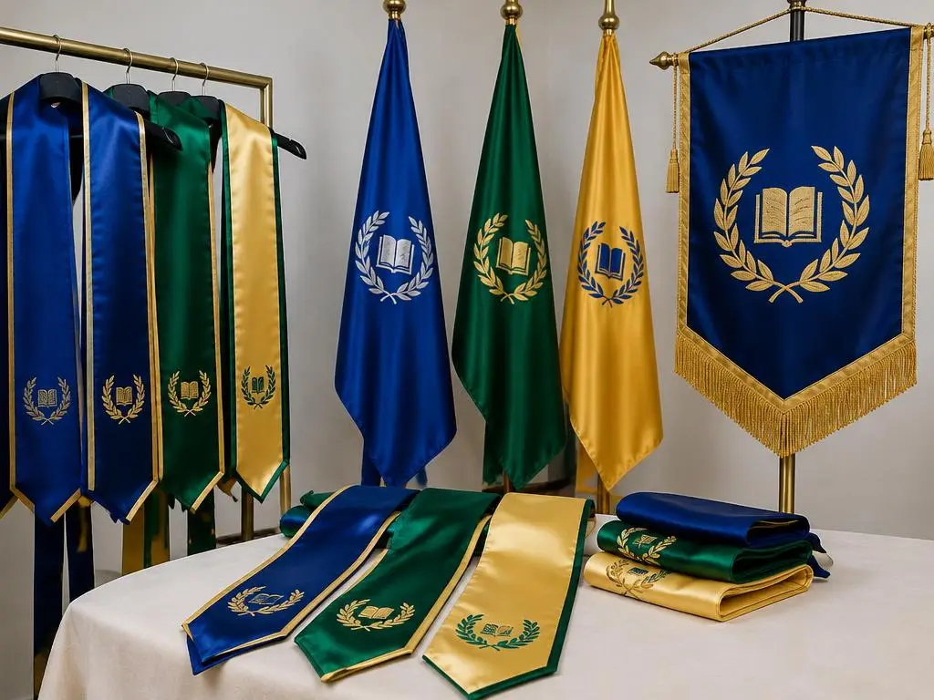 Estolas, banderas y estandarte institucional con bordado dorado