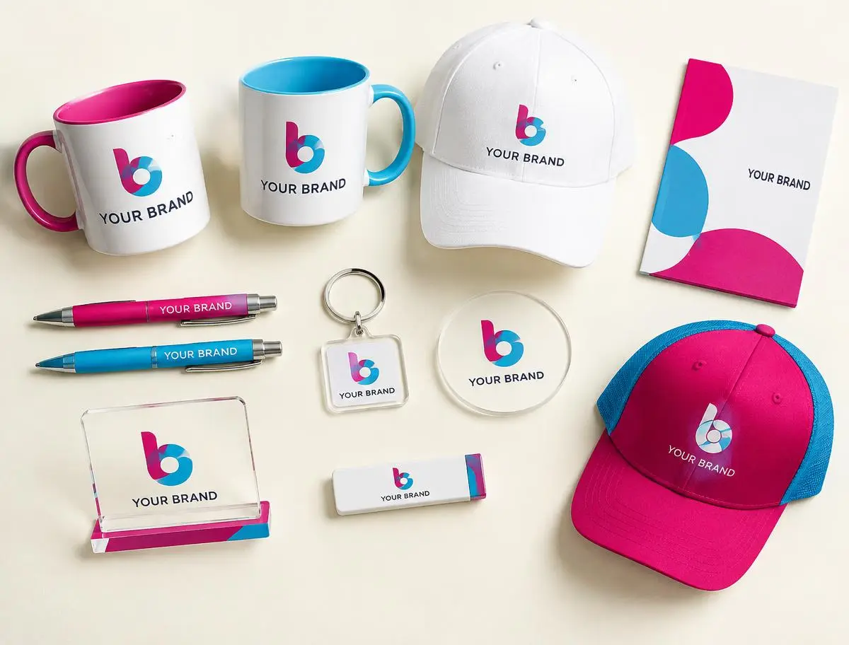 Jarros, gorras, esferos y piezas en acrílico con un logotipo de ejemplo
