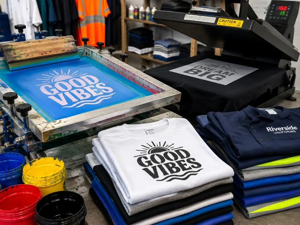 Marco de serigrafía, plancha de transferencia y camisetas estampadas